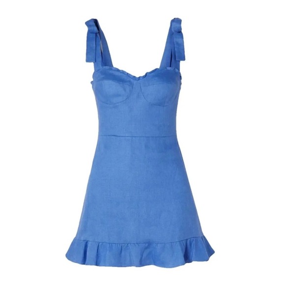 Reformation Desiree Linen Mini Dress Blue Ruffle Sweetheart Size 4 - Picture 3 of 9